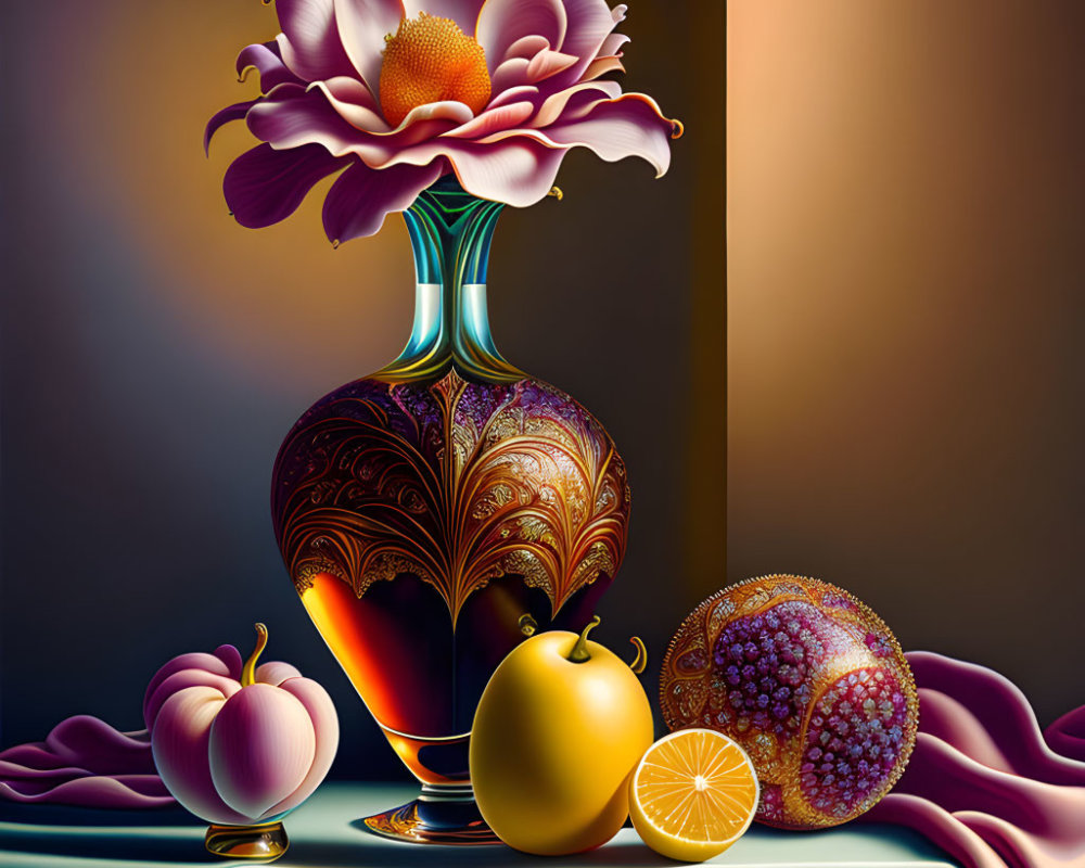 Vibrant flower in patterned vase with fruits on draped fabric