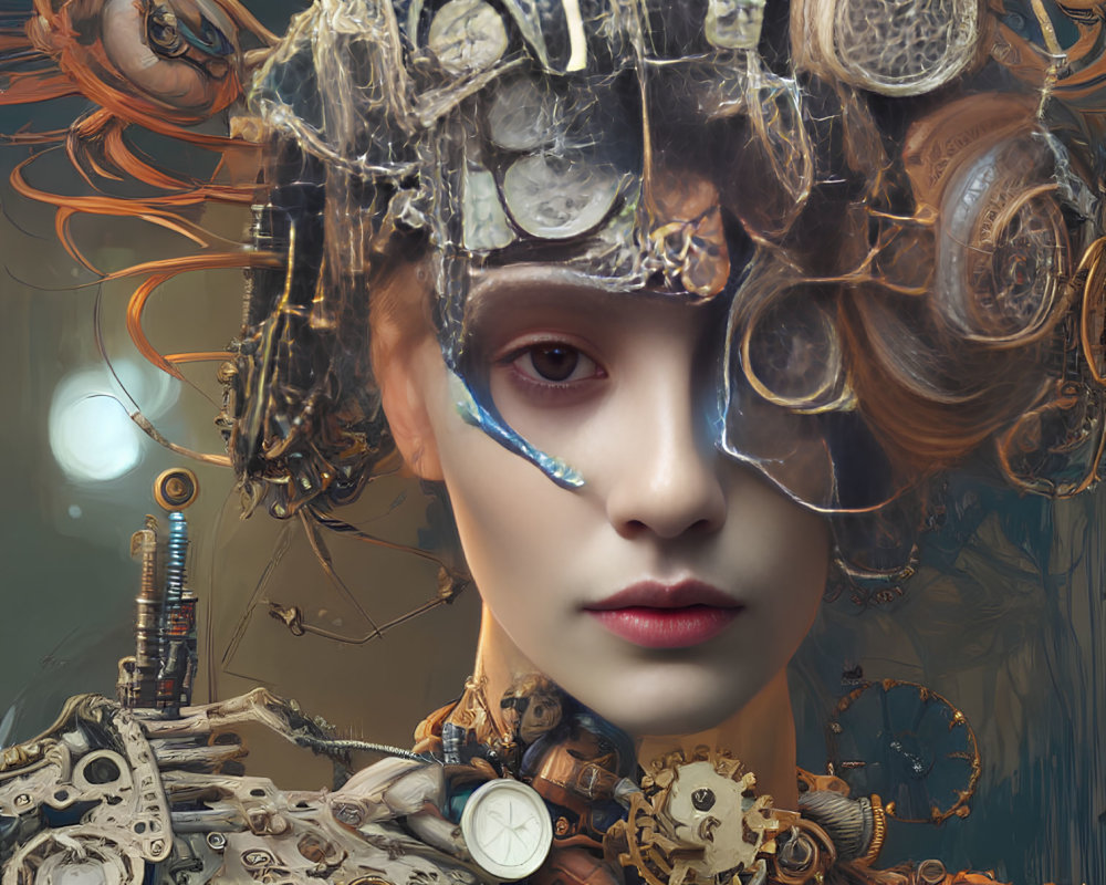 Steampunk-themed digital artwork of a woman with transparent mechanical headdress.