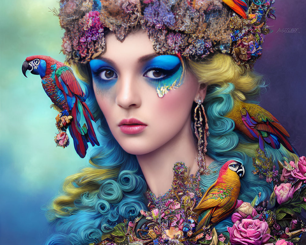 Colorful woman with blue hair, floral hat, parrots, and flower attire