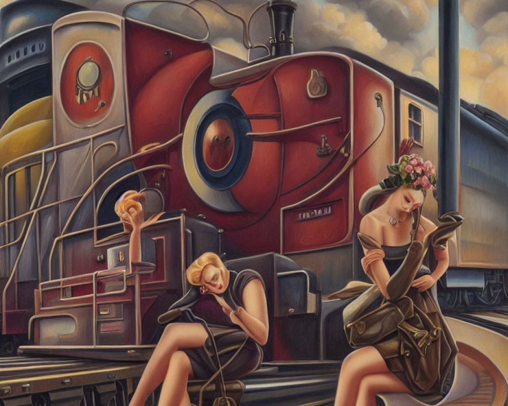 Surreal painting of two women by vintage train reading and napping