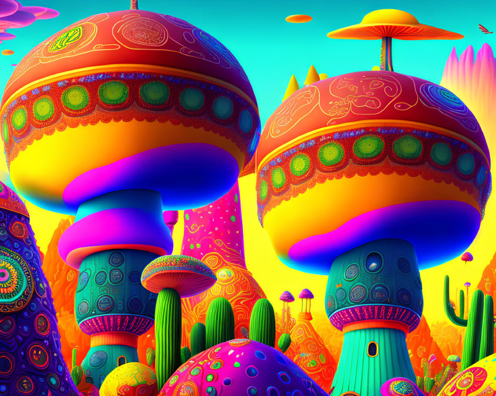 Colorful Psychedelic Landscape with Mushrooms and Cacti in Bright Sky