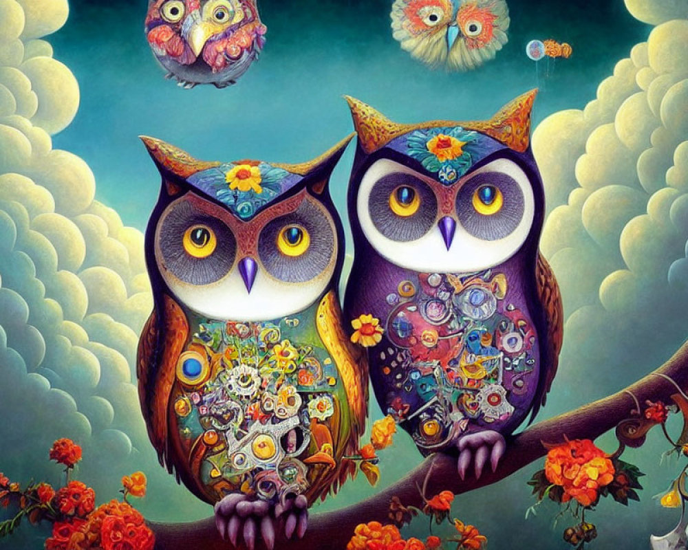 Colorful Stylized Owls with Clockwork Bodies on Branch in Dreamy Setting