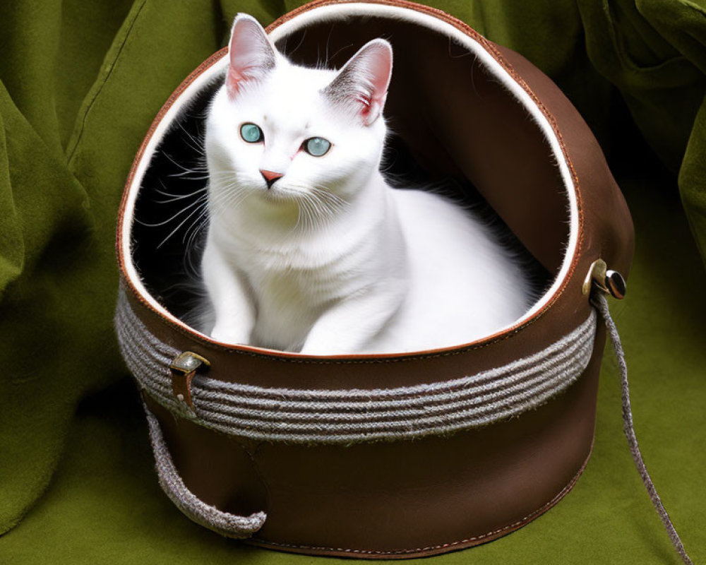 White Cat with Blue Eyes in Round Leather Bag on Green Fabric