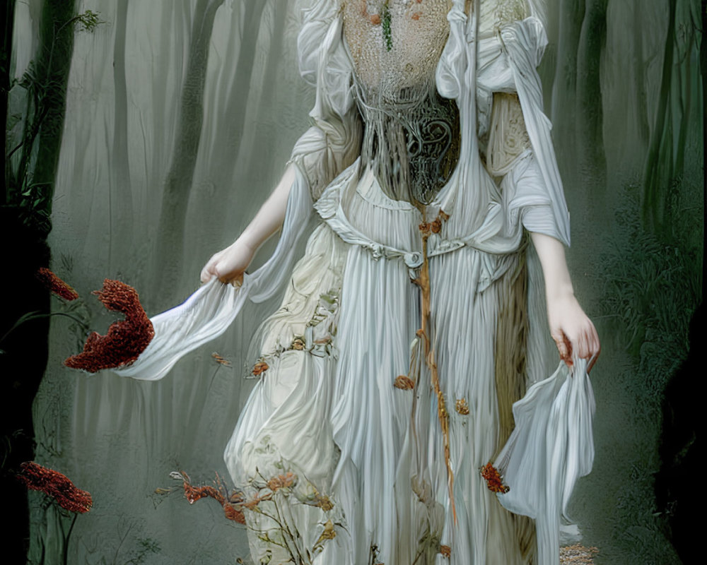 Woman in white gown with lace and floral accents walking in misty forest