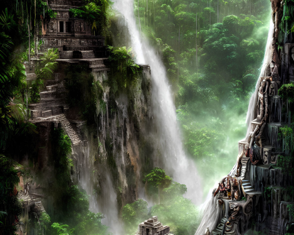Ethereal jungle scene with ancient ruins and waterfall in mist