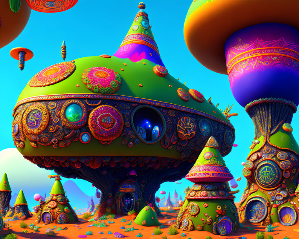 Colorful Psychedelic Mushroom Structures Against Blue Sky