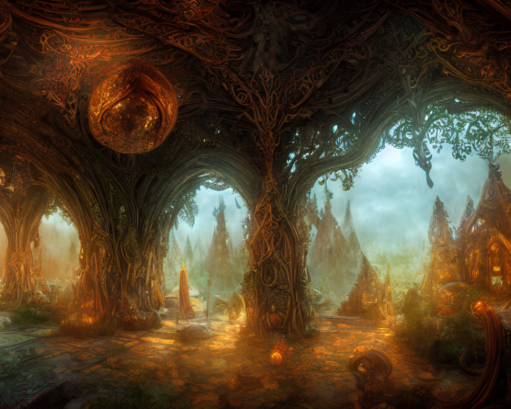 Mystical forest scene with glowing orb and intricate trees
