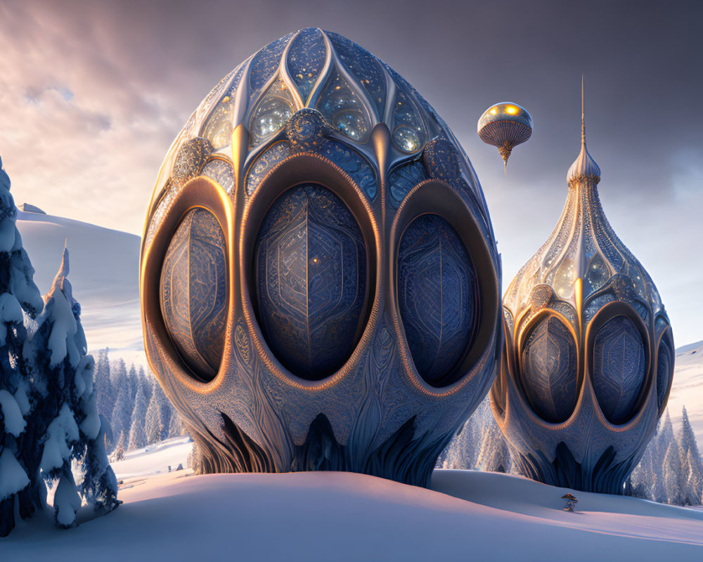 Fantasy winter landscape with ornate structures, dirigible, and snow-covered ground
