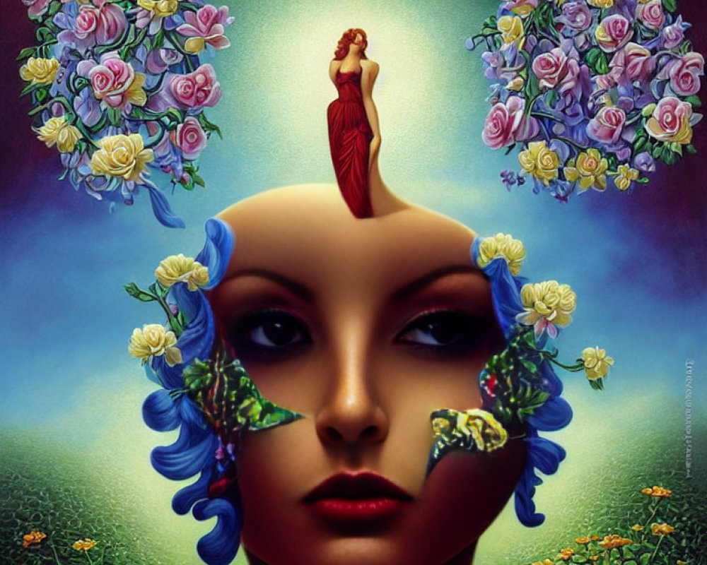 Surrealist image of woman's face as landscape with floral archway