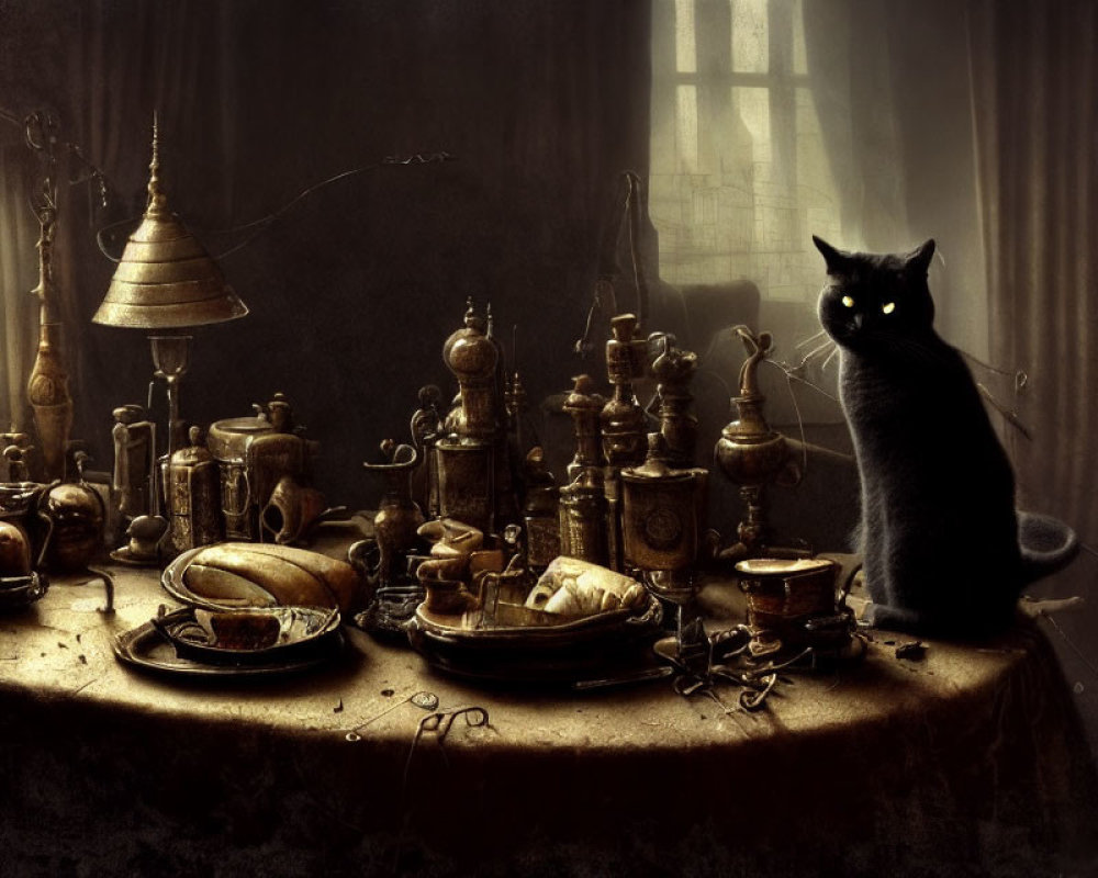 Black Cat on Table with Brass Objects in Mysterious Vintage Setting