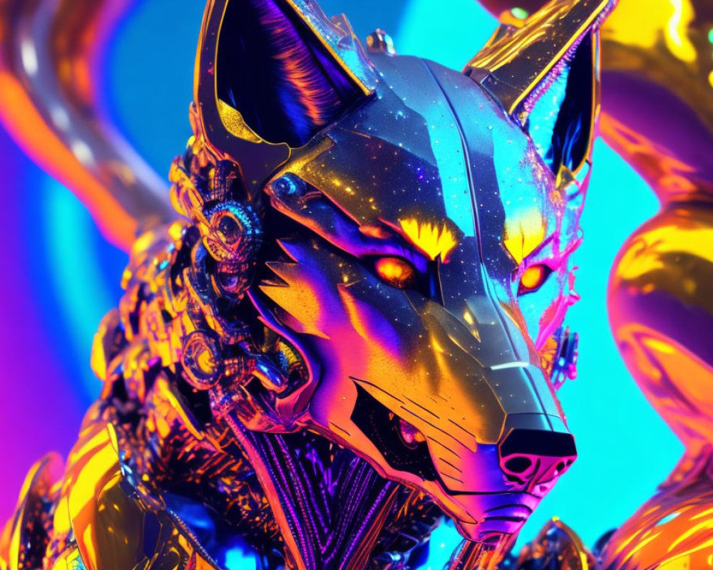 Neon-lit cybernetic wolf on vibrant blue and purple backdrop