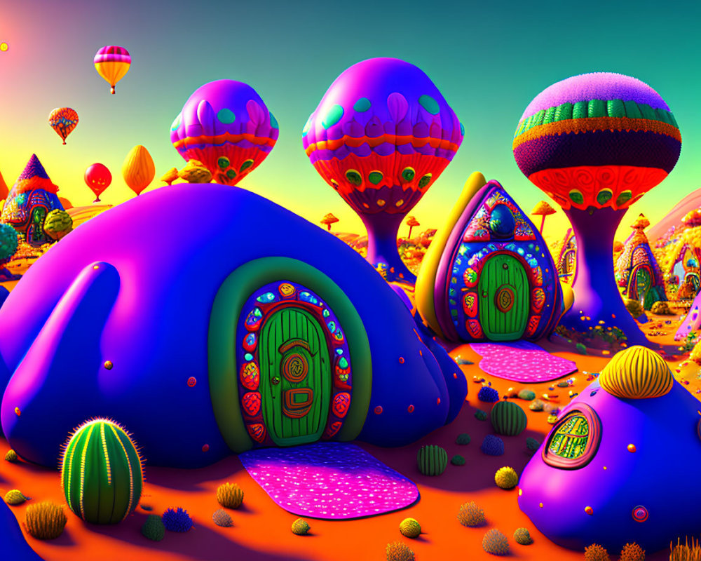 Vibrant landscape with mushroom houses, balloons, and sunset sky