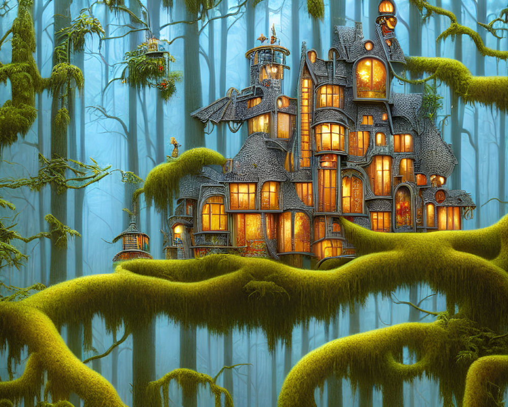 Enchanting forest scene with illuminated fantasy house nestled among moss-covered trees