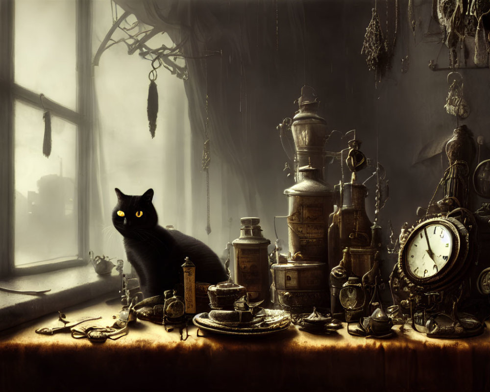 Black Cat with Glowing Eyes Among Vintage Items by Foggy Window