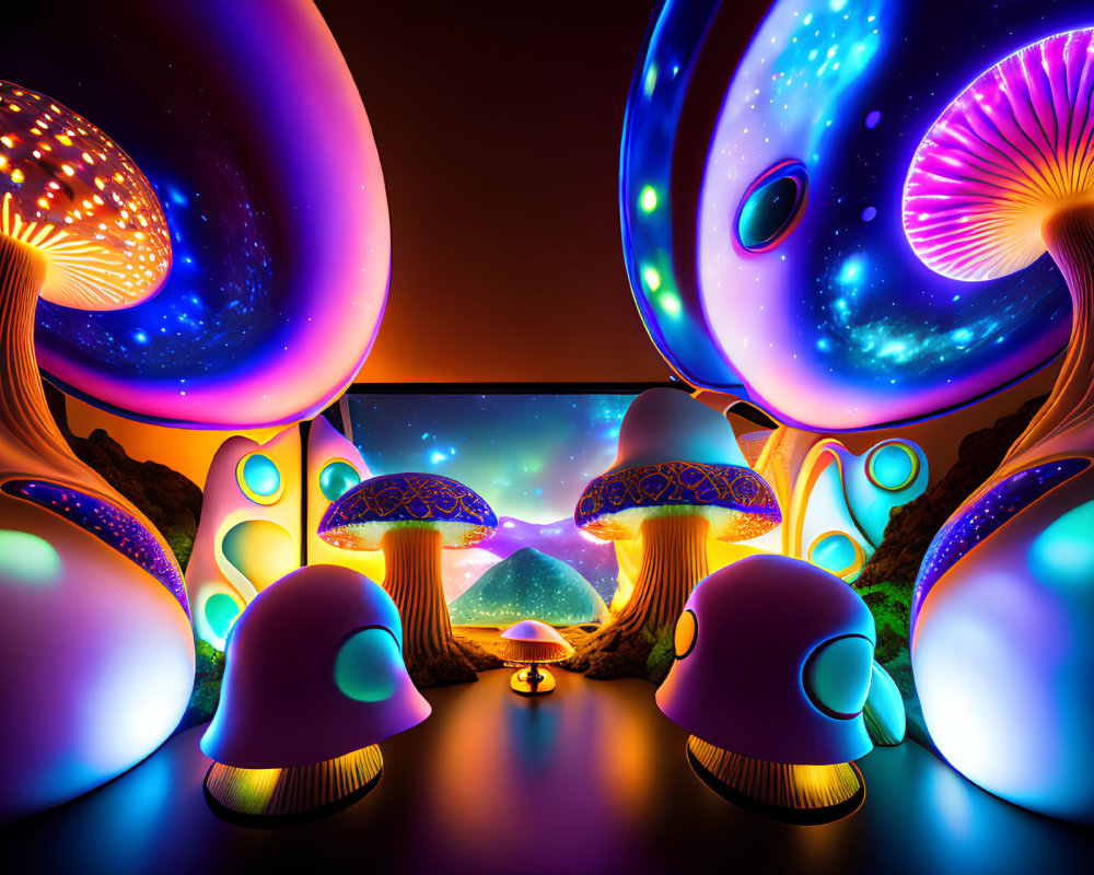 Colorful Psychedelic Room with Glowing Mushroom Structures and Cosmic View