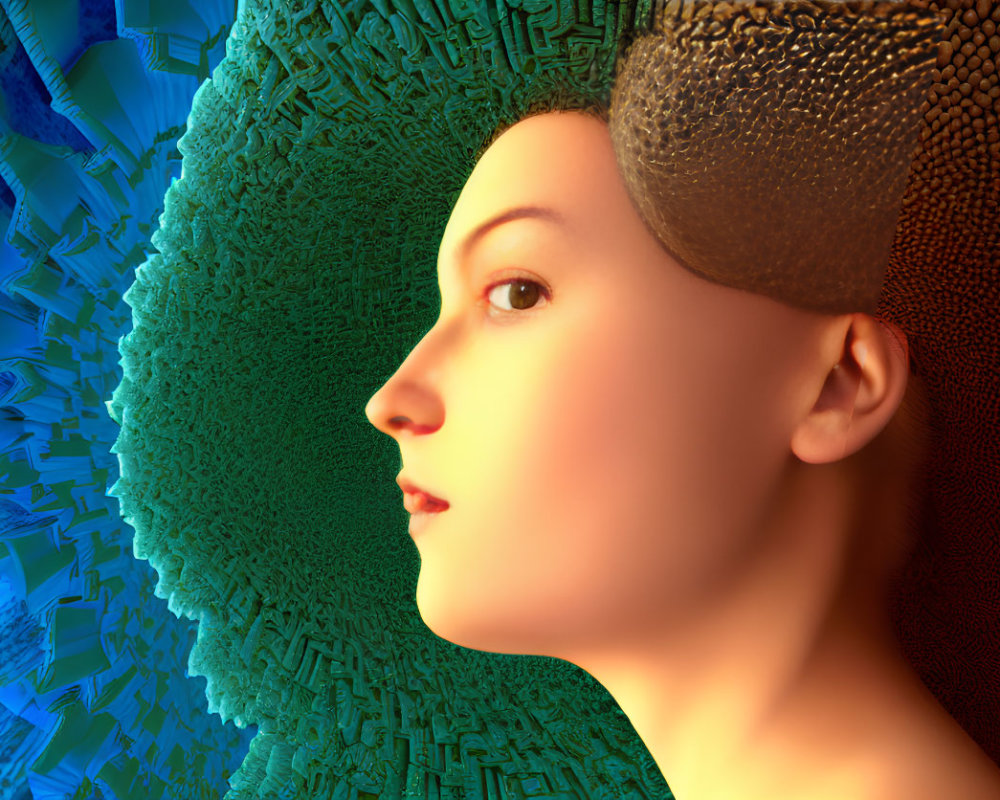 Woman's profile with gold cap on blue and green fractal background