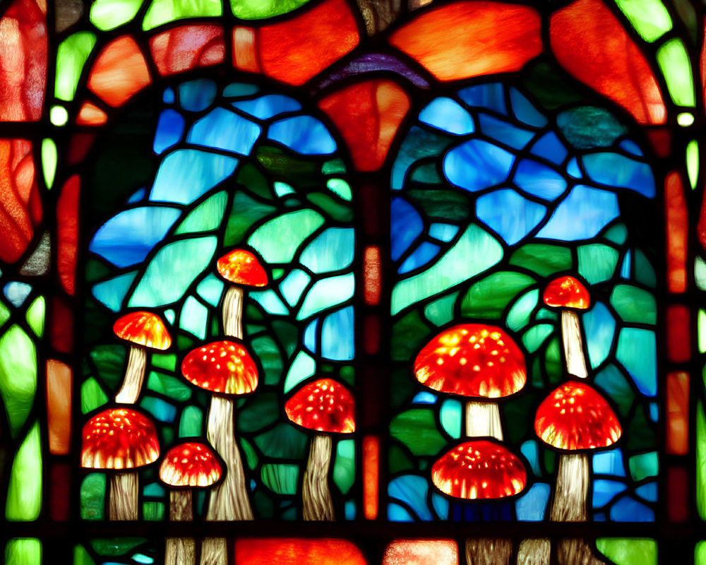 Vibrant stained glass window with red-capped mushrooms in green foliage