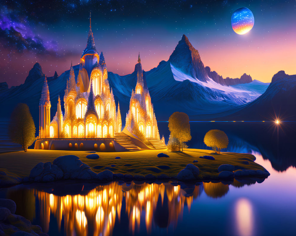 Fantasy castle night scene with starry sky, glowing moon, mountains, and serene lake