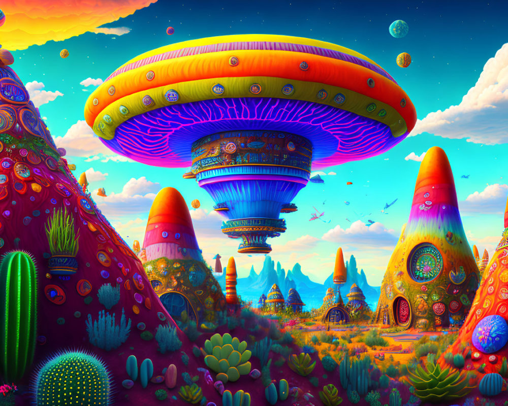 Colorful Psychedelic Landscape with Mushroom Structures and Sunset Sky