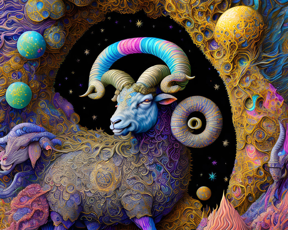 Colorful blue ram with golden patterns in cosmic setting