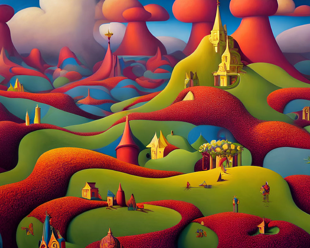 Vibrant surreal landscape with red hills and whimsical structures