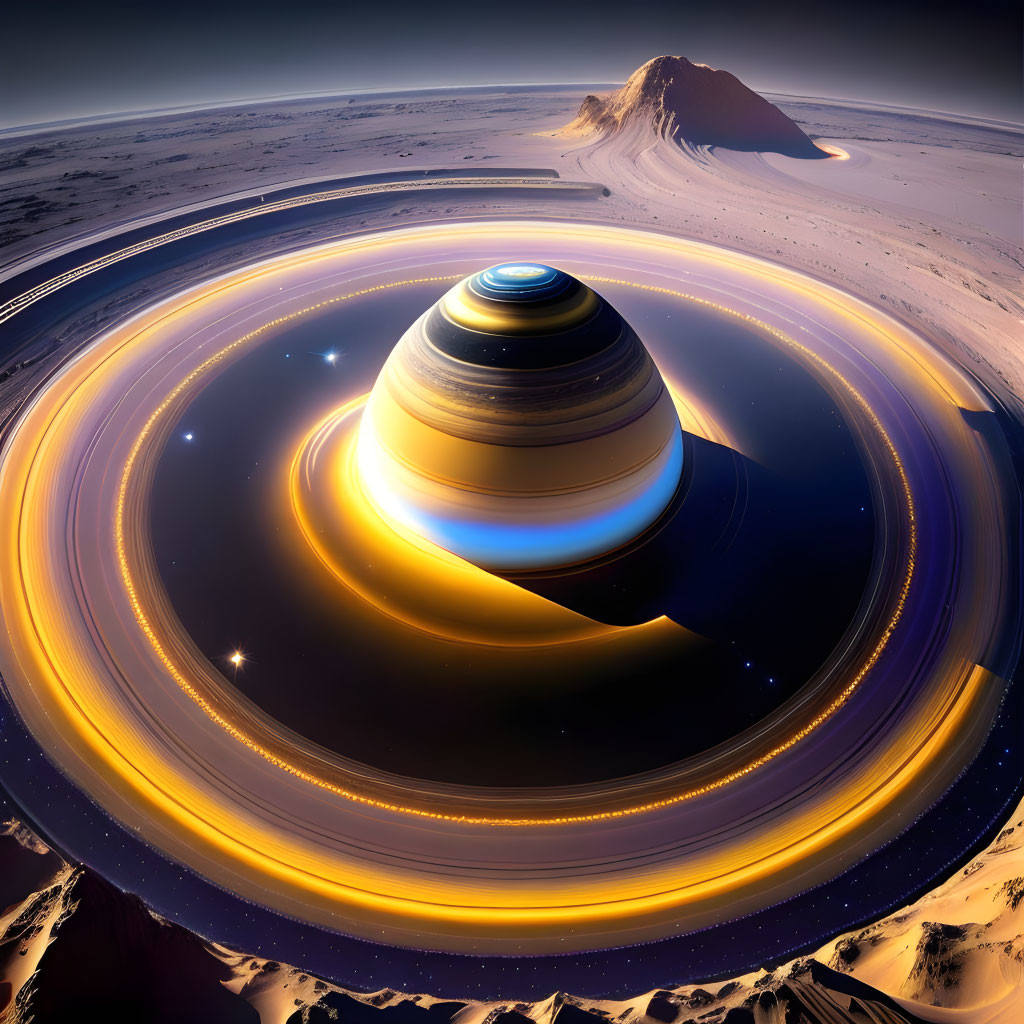 Surreal desert mountain with Saturn-like rings in twilight sky