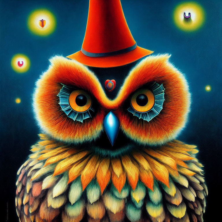 Colorful owl with blue eyes and red hat, surrounded by eye-patterned creatures.
