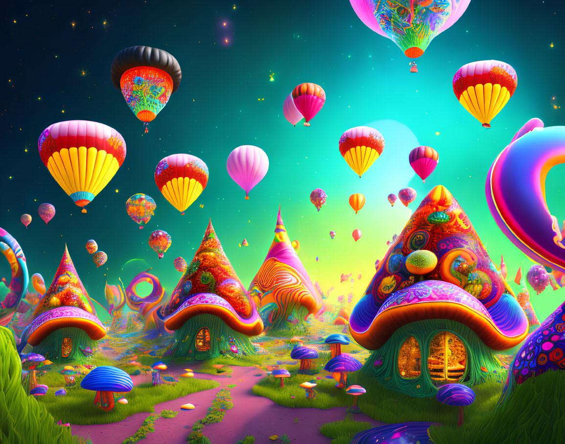 Vibrant fantasy landscape with mushroom houses and hot air balloons