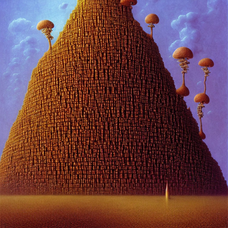 Surreal landscape with pyramid-like structure and floating islands