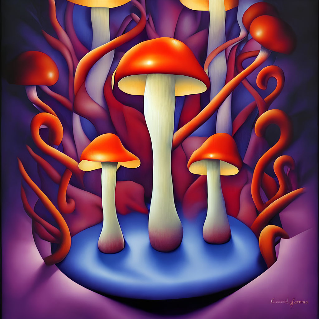 Colorful illustration of oversized red mushrooms in a fantasy forest scene