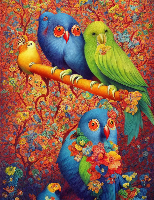 Colorful Parrot Artwork with Floral Patterns on Branch