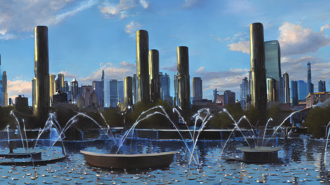 Sleek tall towers in futuristic cityscape with water fountains and dynamic sunset sky