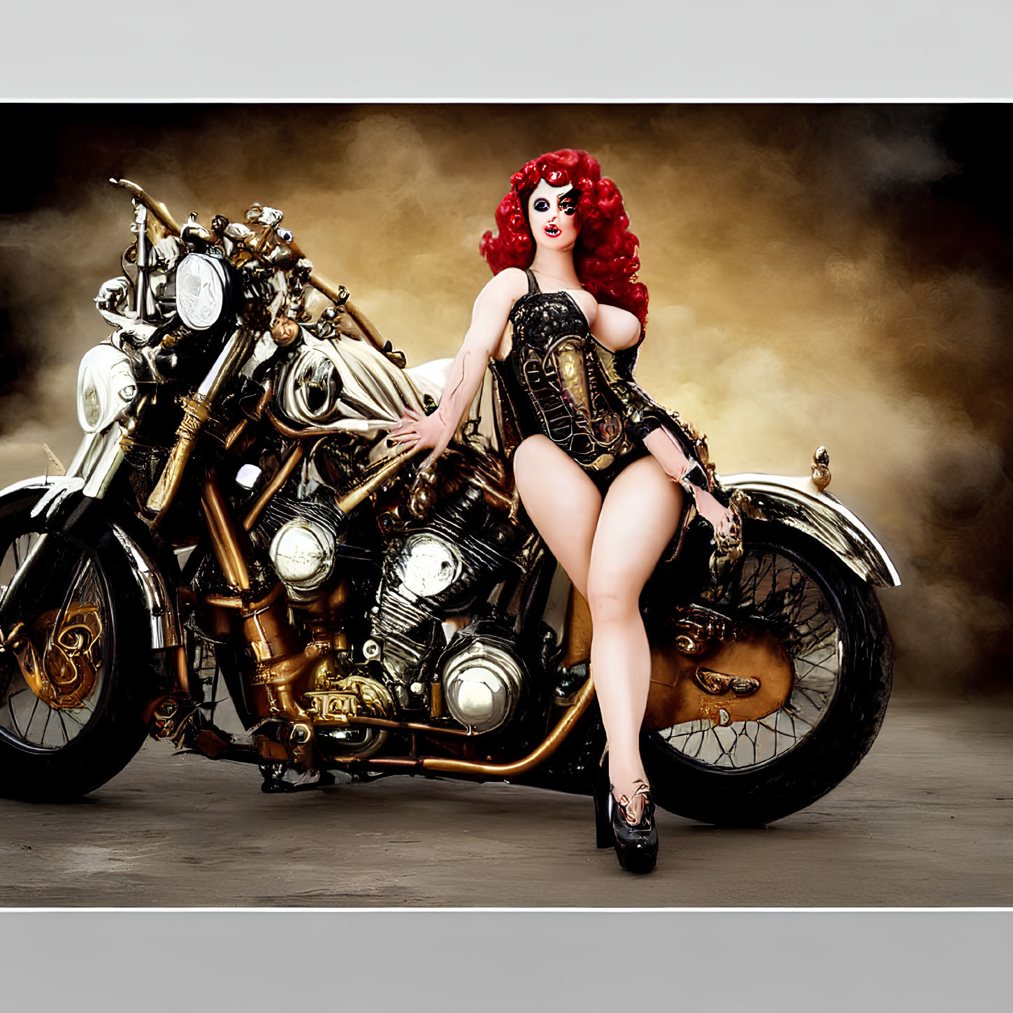 Red-haired person with curly hair posing next to metallic motorcycle on tan backdrop