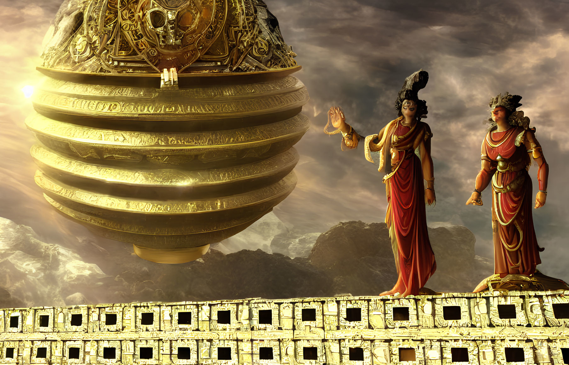 Traditional Indian attire individuals on ornate structure with floating golden sphere