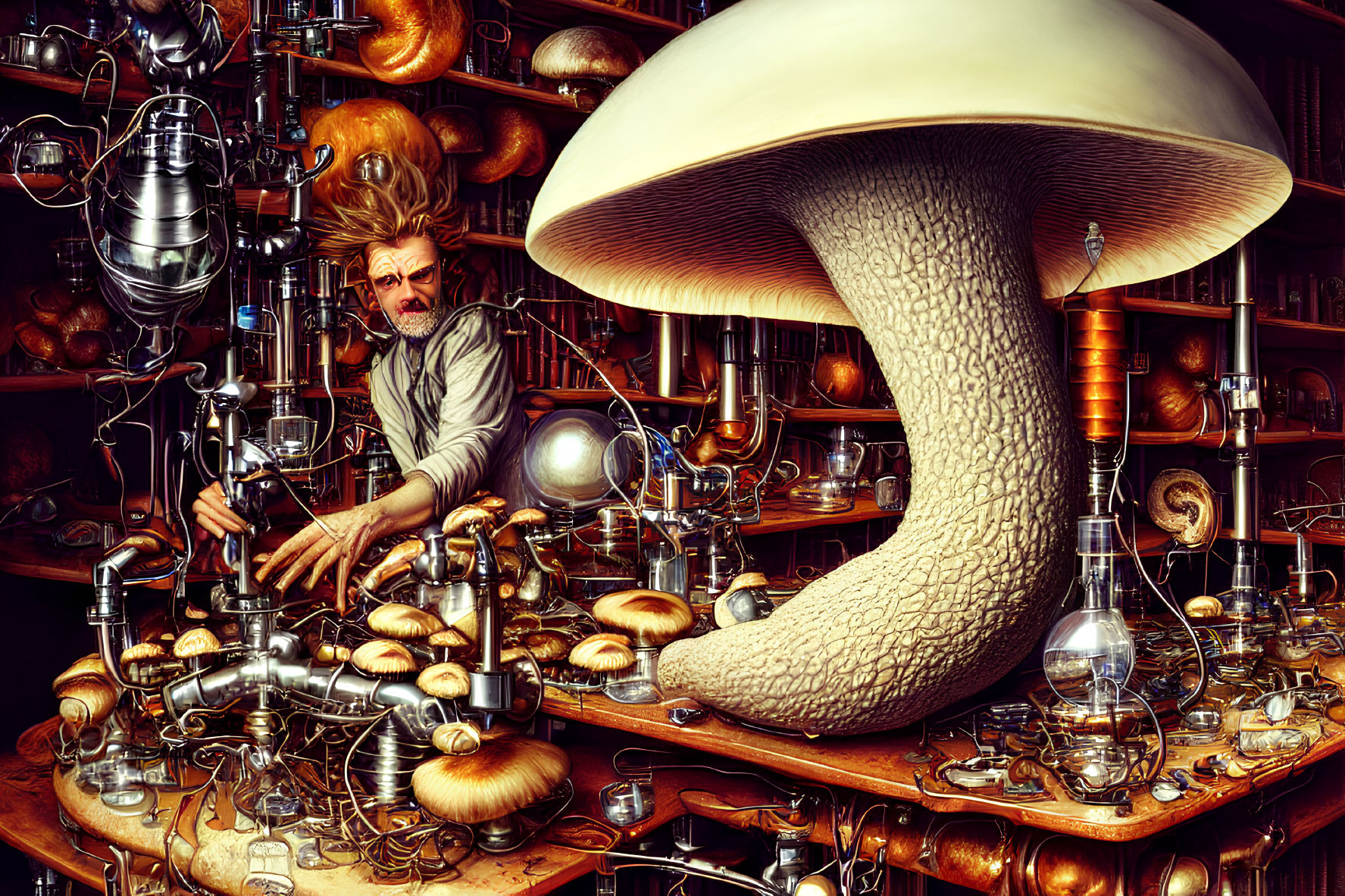 Man with wild hair conducts experiments in cluttered lab with mushrooms and glassware under giant mushroom