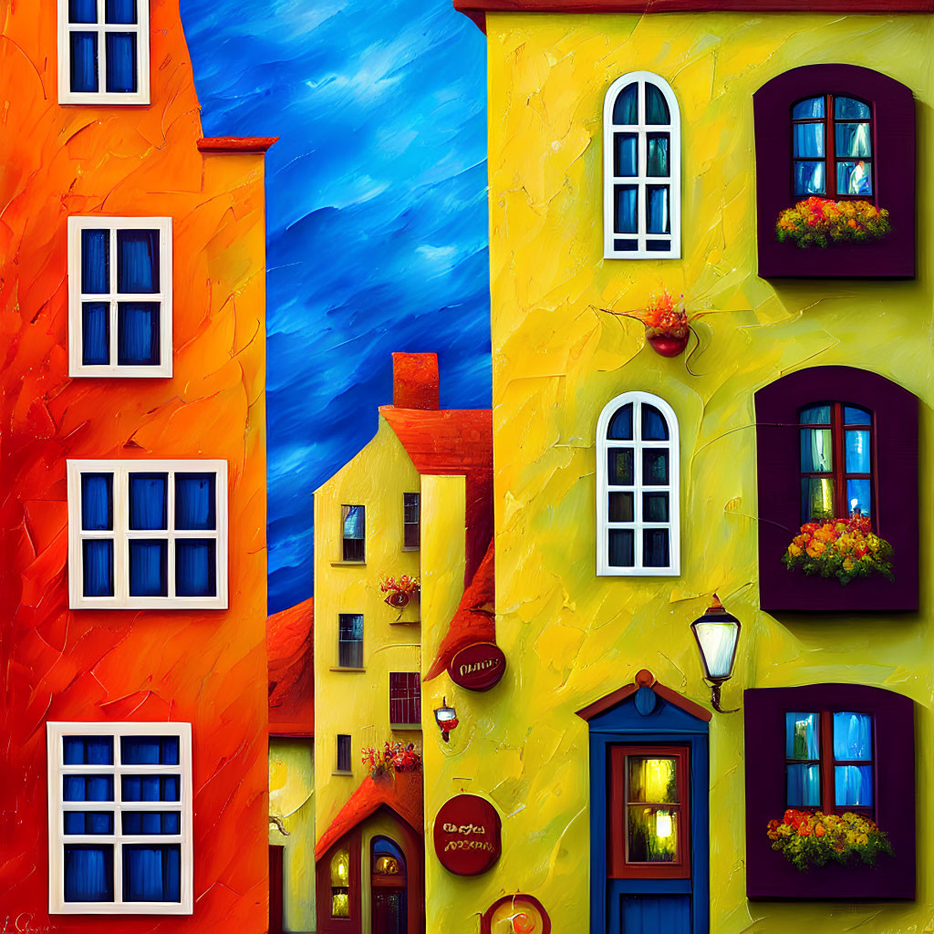 Colorful whimsical buildings under vivid blue sky in vibrant painting