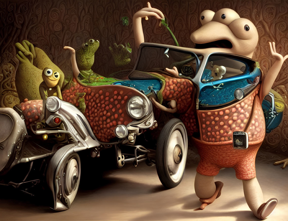 Whimsical animated creatures with quirky car designs in surprising setting