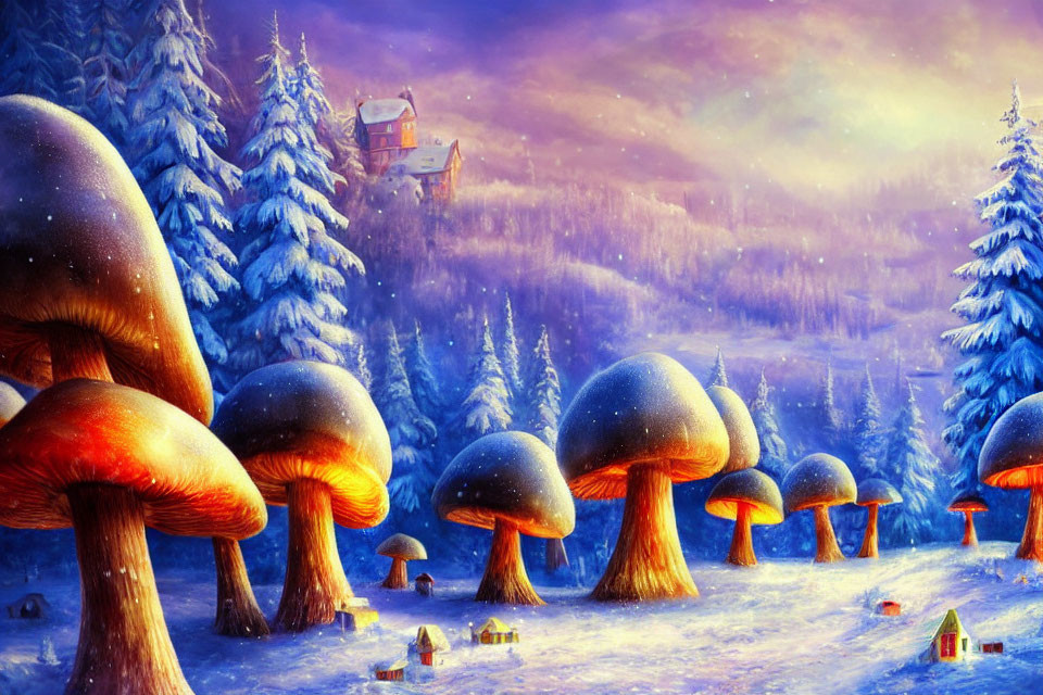 Winter landscape with whimsical mushrooms, snowy cabin, and purple sky