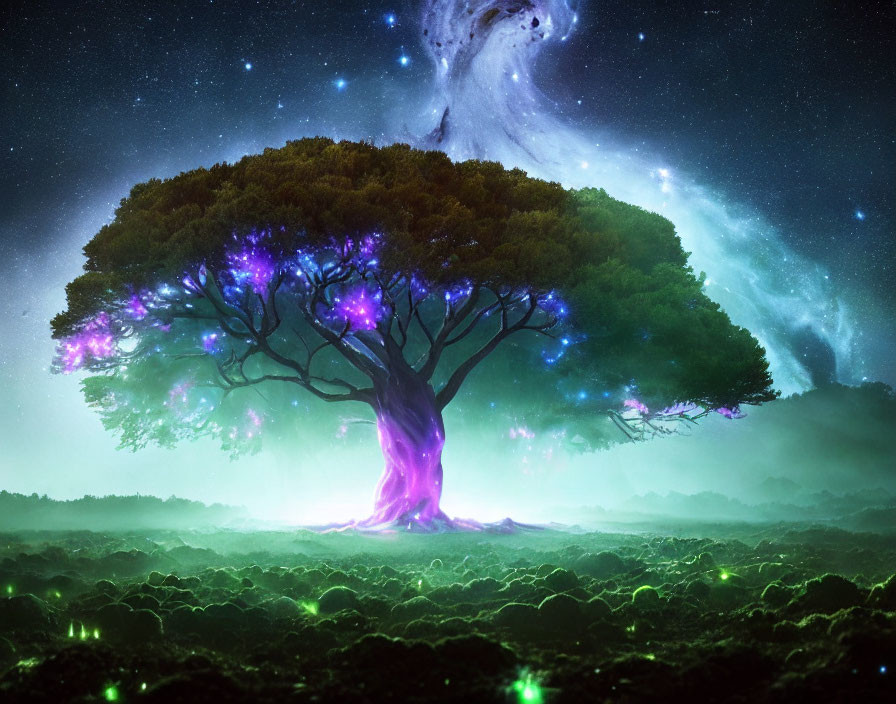 Majestic purple tree under starry sky in mystical forest setting