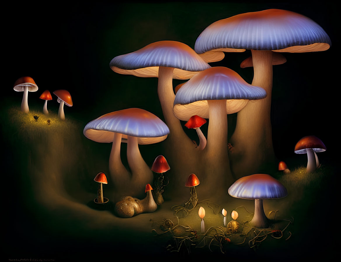 Glowing mushroom fantasy illustration in surreal forest