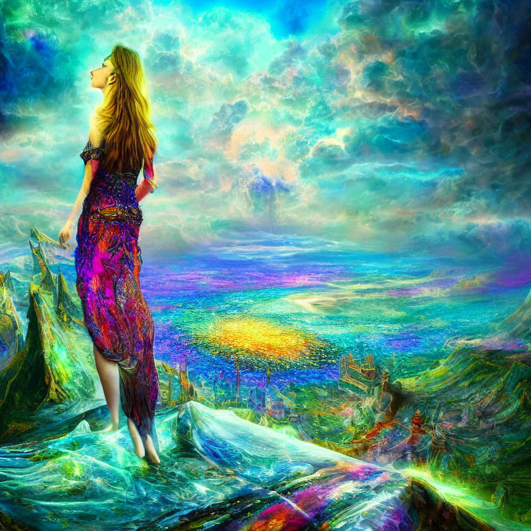 Woman standing on vibrant cliff with stunning view