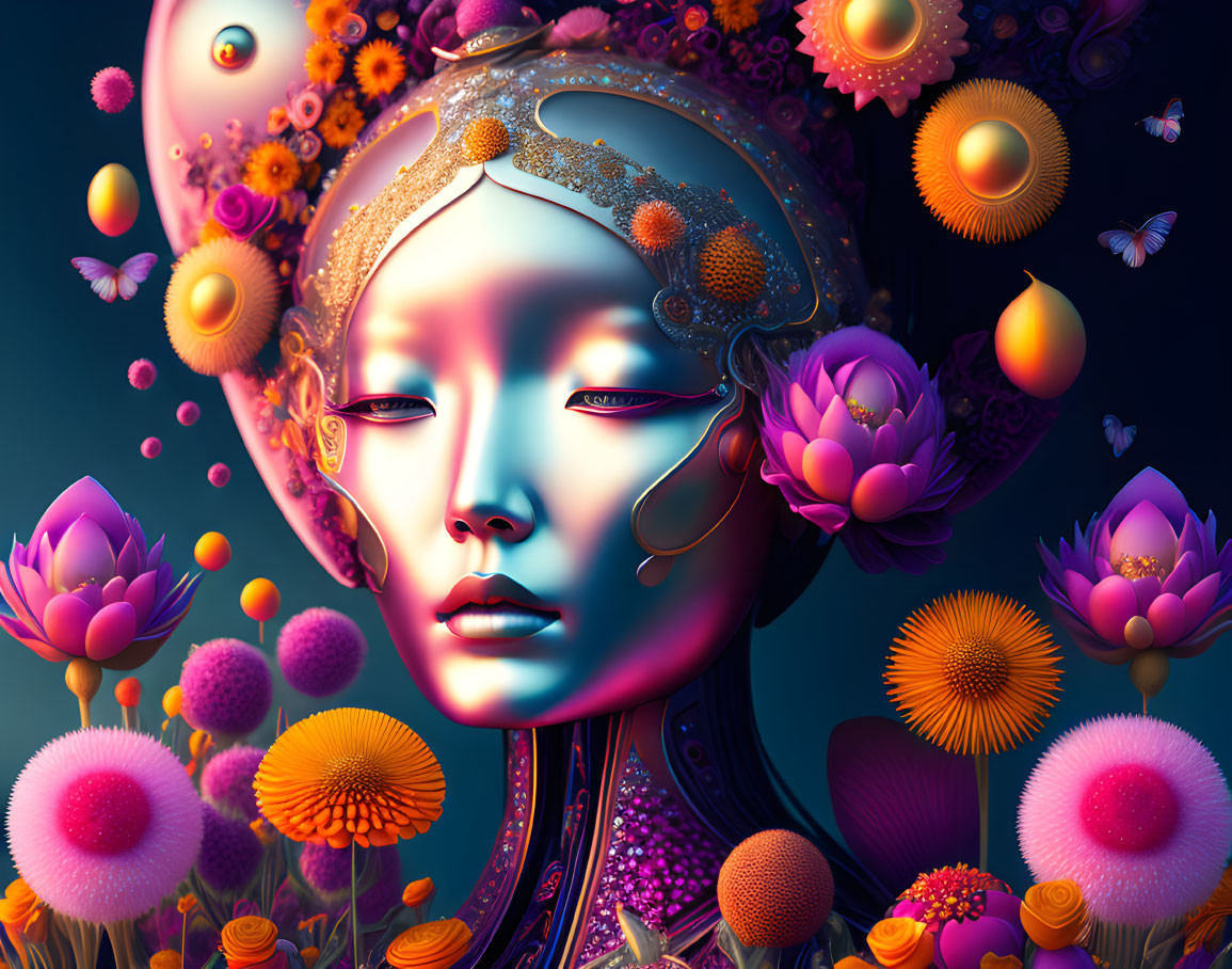 Surreal female figure with golden headgear in vibrant digital art