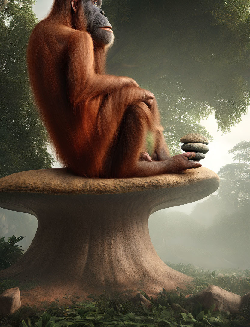 Orangutan sitting on mushroom rock with stones in lush forest