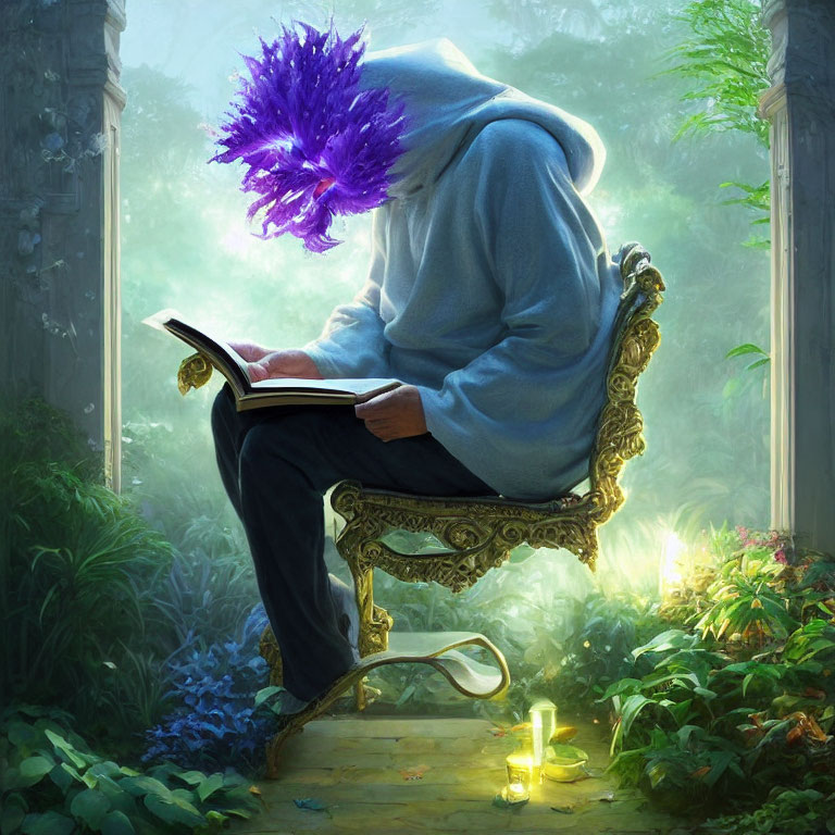 Hooded figure reading book in forest with glowing crystal and candles