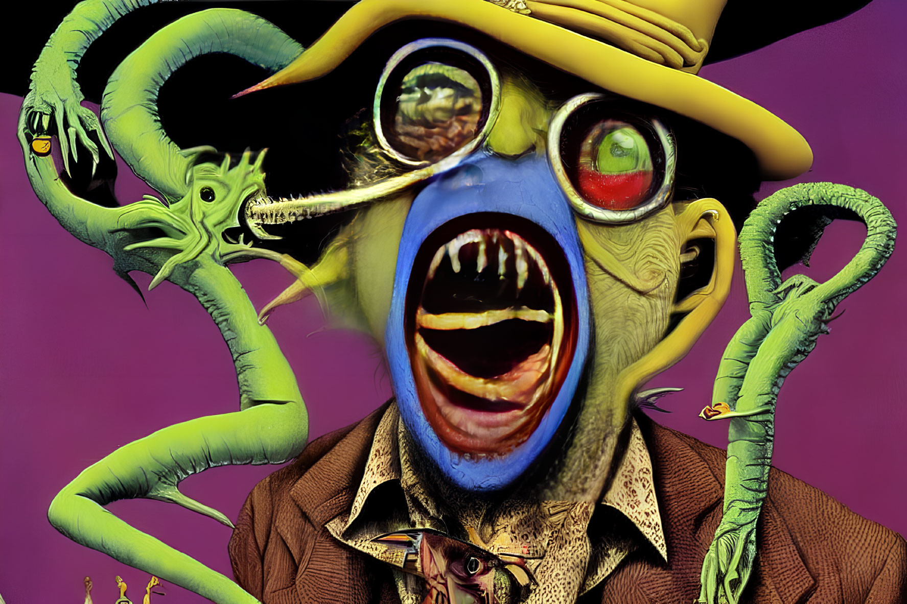 Colorful surreal humanoid figure with multiple eyes and snakelike appendages