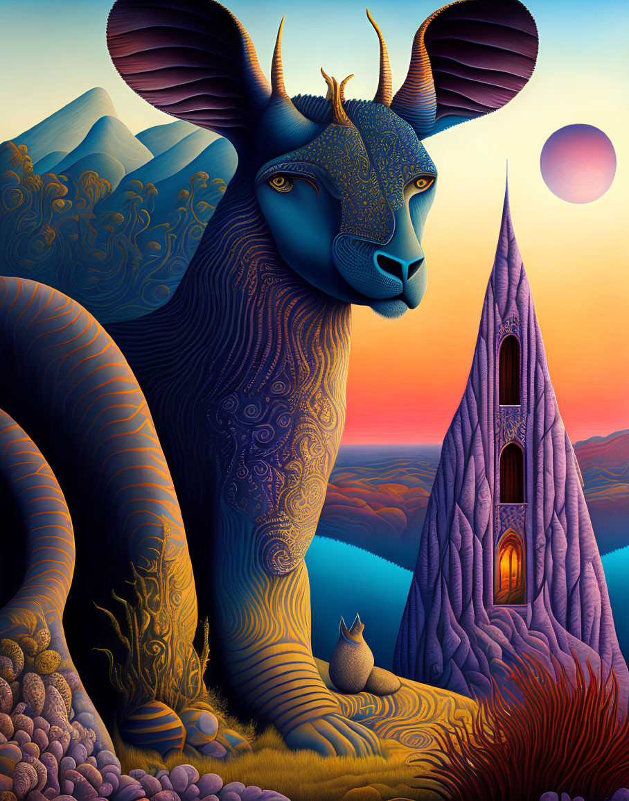 Majestic feline with horns in mountain landscape at sunset
