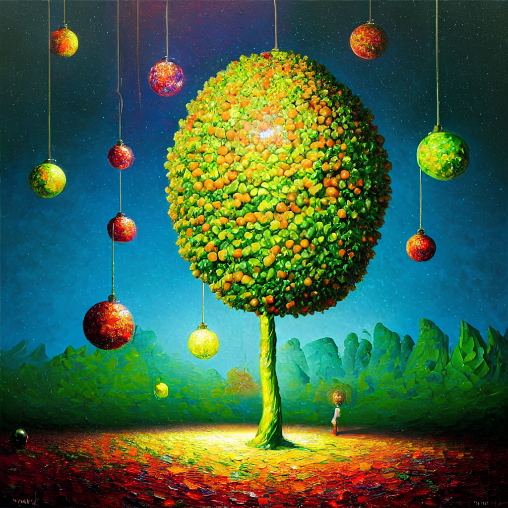 Colorful painting of oversized tree under starry sky with planet-like spheres