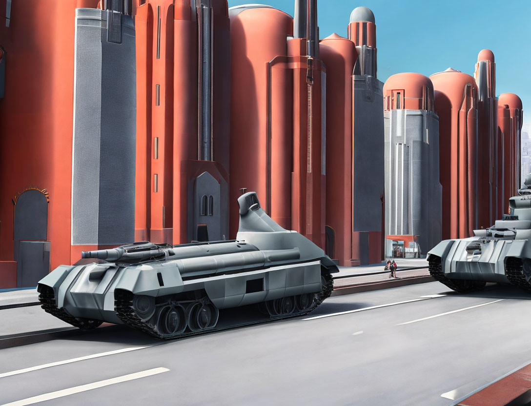 Futuristic cityscape with armored tanks and red cylindrical buildings