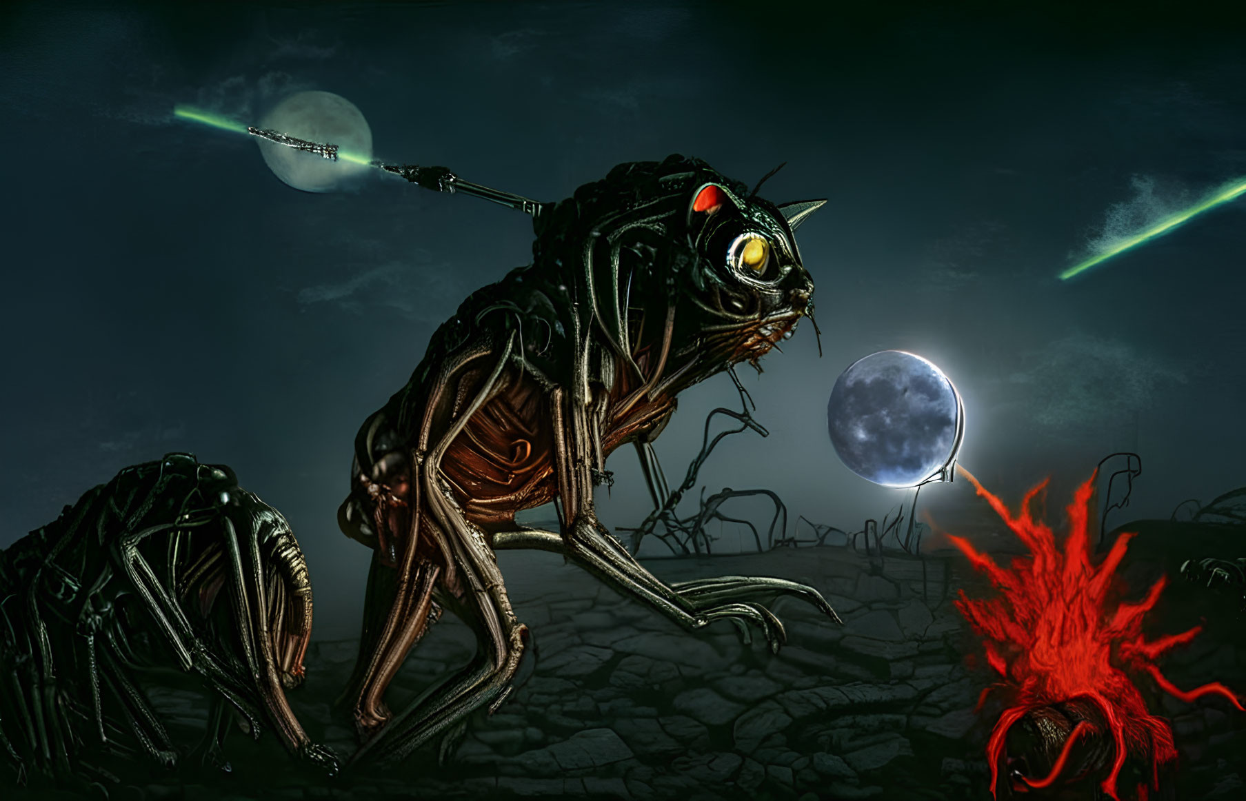 Mechanized insect-like creatures in barren landscape with glowing orb, moon, and shooting stars