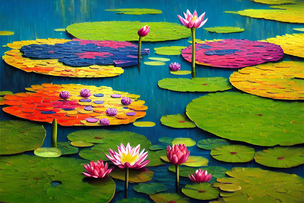 Vibrant pink lotus flowers on colorful lily pads in serene blue water
